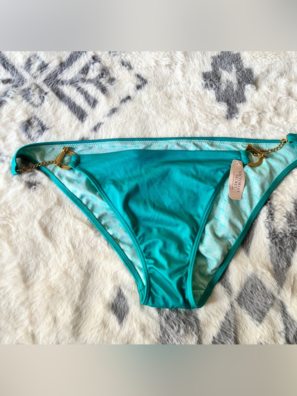 NWT Victoria's Secret Bright Teal Bikini Bottom with Gold Ring Accents,size L